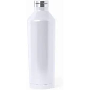 A drink bottle in a sleek white design with a stainless steel cap and a smooth finish. It features a logo.