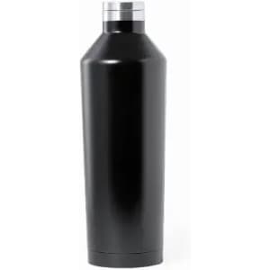 A drink bottle in sleek black with a stainless steel top and a smooth, cylindrical design. It features a logo.