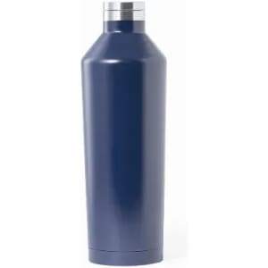 A drink bottle in navy blue with a sleek design and a metallic silver cap. It features a logo.