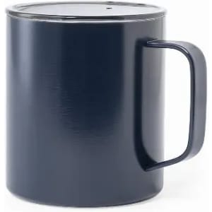 A drink bottle in dark navy with a sturdy handle and a lid, featuring a simple, modern design.
