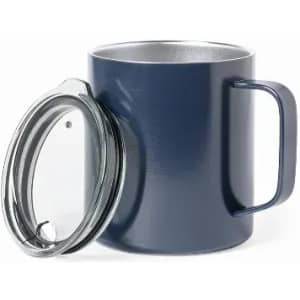 A drink bottle in dark navy, featuring a handle and a clear, removable lid. It has a sleek, modern design.