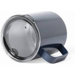 A drink bottle in navy blue with a silver lid and a handle, featuring a logo on the side.