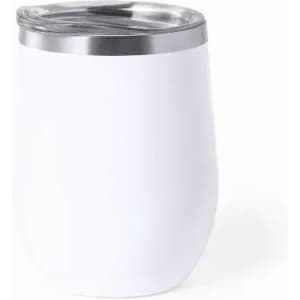A drink bottle in white with a stainless steel lid, featuring a smooth, rounded design and a logo.