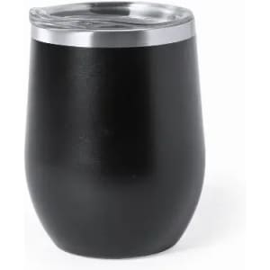 A drink bottle in matte black with a stainless steel lid, featuring a smooth, curved design and a logo.