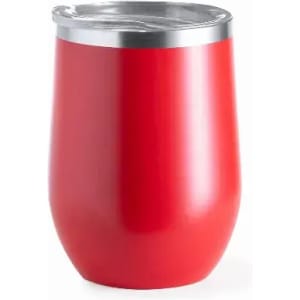 A drink bottle in vibrant red with a silver lid and a polished finish. Includes a logo on the side.