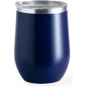 A drink bottle in navy blue with a silver rimmed lid and a smooth finish, featuring a logo on the side.