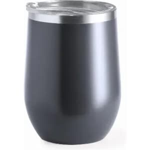 A drink bottle in matte black with a silver lid, featuring a rounded design and a logo.