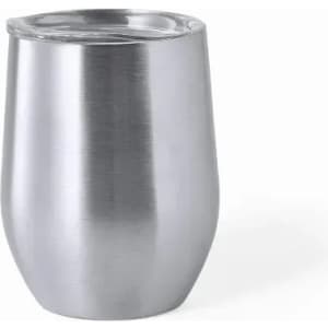 A stainless steel drink bottle with a sleek, polished finish and a clear lid.