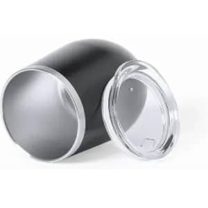 A drink bottle in matte black with a clear lid, featuring a simple and sleek design.