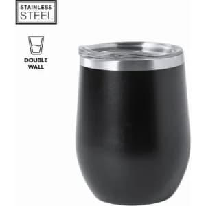 A black stainless steel drink bottle with a double wall and a silver lid. Features a logo on the side.
