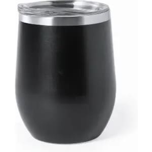 A drink bottle in matte black with a stainless steel lid, featuring a sleek, rounded design.