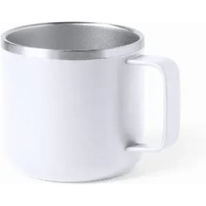 A drink bottle featuring a white exterior with a silver rim and a sturdy handle.