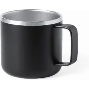 A drink bottle in black with a silver rim and handle, featuring a sleek, modern design.