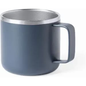 A drink bottle in dark blue with a silver rim and a sturdy handle. It features a simple, modern design.