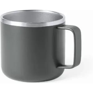 A drink bottle in dark grey with a silver rim and a sturdy handle. It features a simple, modern design.