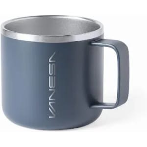 A drink bottle in matte navy blue with a silver rim and a sturdy handle, featuring a logo.
