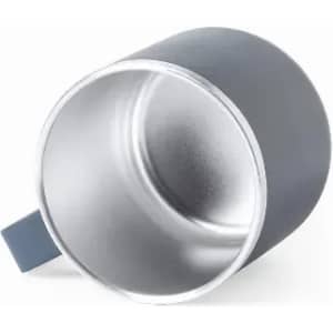 A grey drink bottle with a silver interior and a handle, featuring a logo on the side.