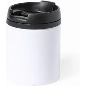 A drink bottle featuring a white body and black lid, equipped with a sipping spout and a logo.