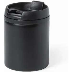 A drink bottle in sleek black with a secure lid and a narrow opening. Features a simple design and a logo.