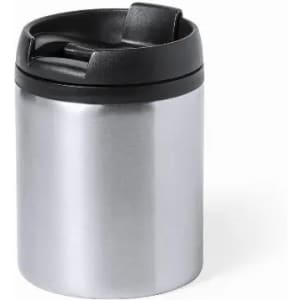A drink bottle with a sleek silver body and a black lid that has a spout for easy pouring.