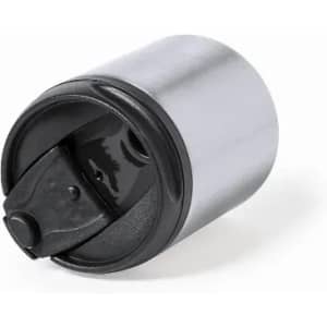A drink bottle with a stainless steel finish and a black lid, featuring a secure spout for easy pouring.