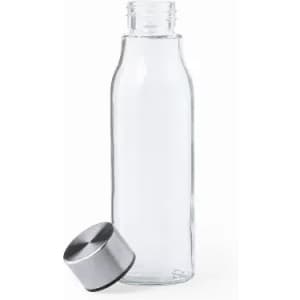 A clear glass drink bottle with a silver metal lid, featuring a simple and sleek design.