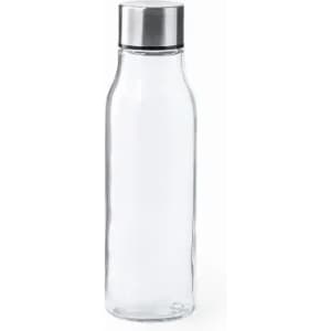 A drink bottle made of clear glass with a silver stainless steel lid. Slim, modern design.
