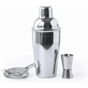 A cocktail shaker set featuring a shiny stainless steel shaker, strainer, and jigger. The set has a modern look.