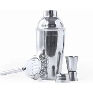 A drink bottle set featuring a shiny stainless steel cocktail shaker, strainer, and jigger. Includes a lid.