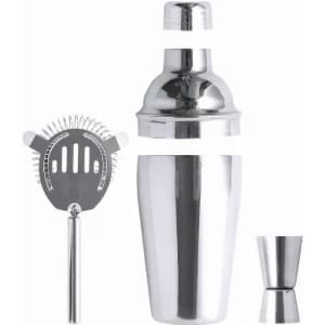 A drink bottle set featuring a silver cocktail shaker, a strainer, and a jigger, all with a sleek metallic finish.