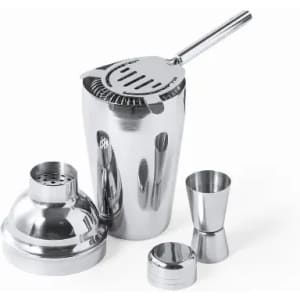 A cocktail shaker set featuring stainless steel components, including a shaker, strainer, jigger, and cap.