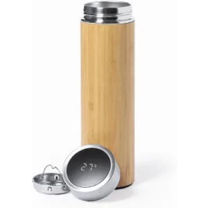A drink bottle with a bamboo body and stainless steel cap, featuring a removable lid.