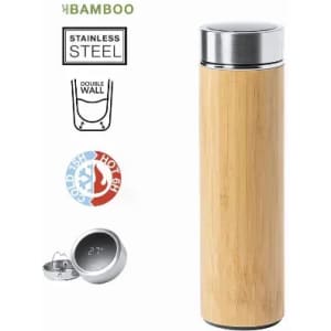 A drink bottle made of bamboo and stainless steel, featuring a double-wall design. It includes a lid with a logo.