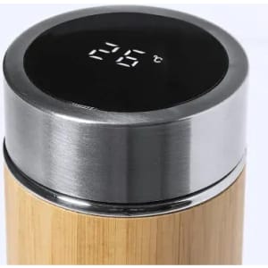 A drink bottle with a bamboo body and a metallic lid, featuring a digital temperature display.