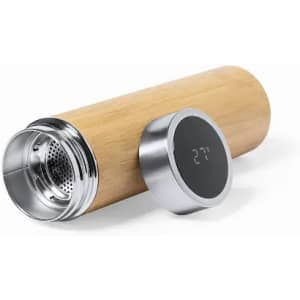 A drink bottle made of bamboo and stainless steel with a digital display on the lid.