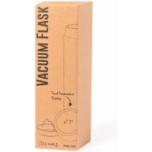 A vacuum flask in a cardboard box featuring a temperature display and minimalist design. The box is brown.