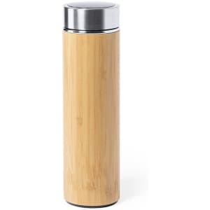 A drink bottle with a bamboo exterior and a stainless steel cap, featuring a sleek, minimalist design.