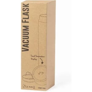 A vacuum flask in a cardboard package, featuring a touch temperature display and a simple design.