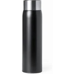 A drink bottle in sleek black with a silver lid and a minimalist design, featuring a logo.