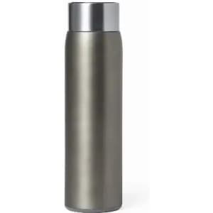 A drink bottle in a sleek grey finish with a metallic silver lid, featuring a minimalist design and a logo.