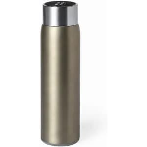 A drink bottle in a sleek, matte olive green finish with a stainless steel top and a logo on the lid.