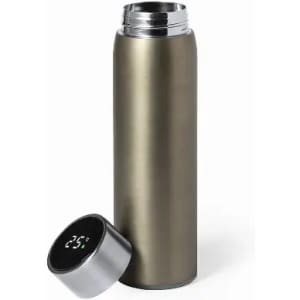 A drink bottle in a sleek metallic olive colour with a silver lid displaying a temperature readout.