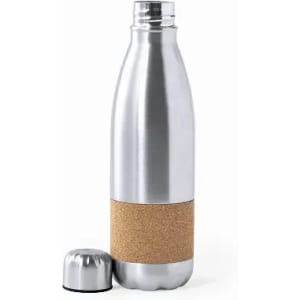 A drink bottle featuring a silver metallic body with a cork grip and a metal cap.