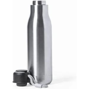 A drink bottle in stainless steel with a black cap and a removable string attachment.