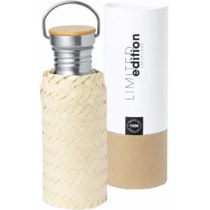 A drink bottle with a woven straw cover and a stainless steel top, presented in a cylindrical box.