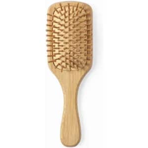 A wooden hairbrush with a rectangular head and rounded pins, featuring a smooth handle, made from bamboo.