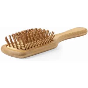 A wooden hairbrush featuring a rectangular shape with bamboo bristles and a smooth handle.