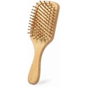 A hairbrush with a wooden handle and bristles, featuring a natural bamboo finish. It has a simple and ergonomic design.
