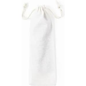A drawstring bag in white fabric, featuring a simple design with a cinched top.