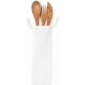 A set of wooden cutlery including a spoon, fork, and knife, packaged in a white fabric pouch with a drawstring.